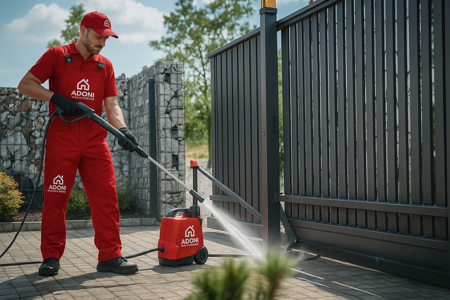Adoni pressure cleaning an entrance gate